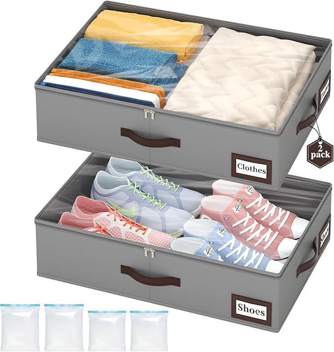 OIAHOMY 2 Pack Under Bed Storage with 4 Compression Bags, Underbed Organizers for Bedroom & Closet, Fits Beds Higher than 5.9", Space-Saving for Seasonal Clothes, Blankets & Shoes - Grey