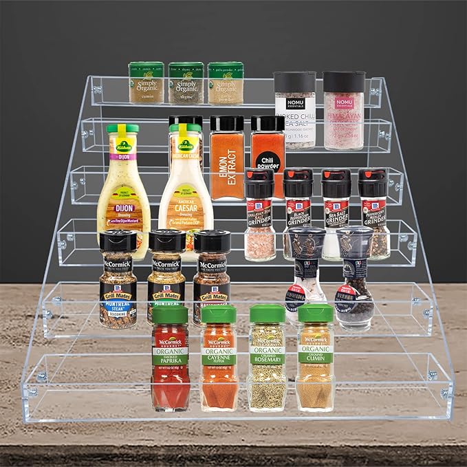 PMMASTO Tiered Spice Rack, Seasoning Organizer, Clear Acrylic Vertical Shelves Can Organizer for Countertop, Cabinet, Pantry, Kitchen Organization and Storage - 6 Tier | Vertical Shelves, Can Organizer, for Countertop, Cabinet, Pantry