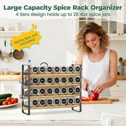EsLuker.ly Spice Seasoning Rack Organizer Kitchen Countertop, 4 Tier Bamboo Spice Shelf Holder Storage with 4 Hooks, Wall Mounted Freestanding Stand for Pantry, Quick Spice Access(Jars Not Included)