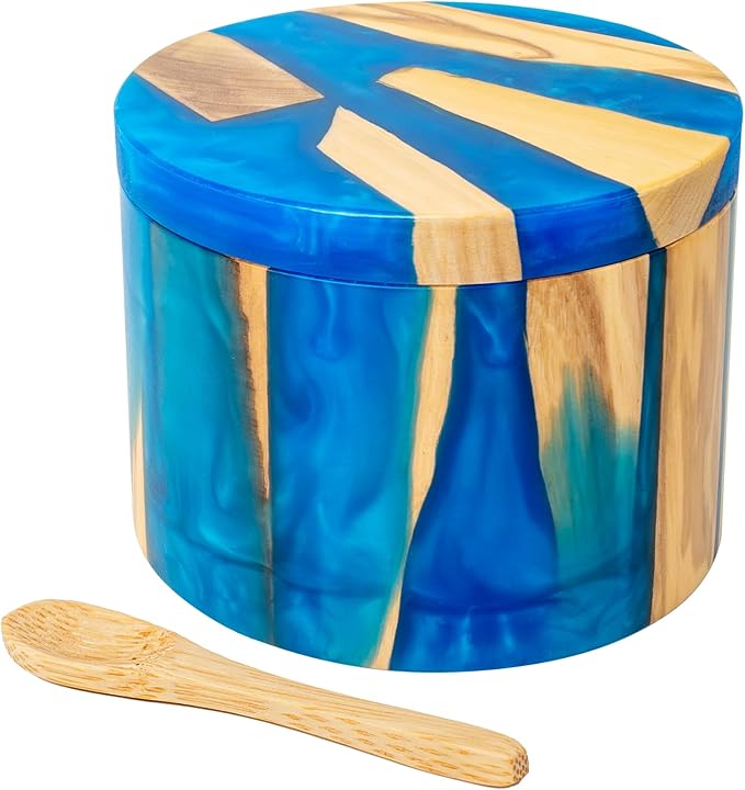 Handcrafted Salt Box Resin Wooden Container Swivel Lid with Magnetic to Easily Open Seal Salt Cellar Free Spoon for Storing Salt Pepper Sugar Herbs Small Spice Box Storage Kitchen Accessory