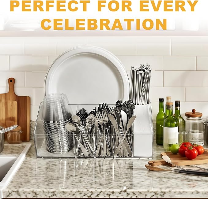 Acrylic Paper Plate Organizer and Dispenser – Extra Capacity Plate and Utensil Caddy for Plates, Cups, Napkins and Cutlery, Ideal for Kitchen, Parties, Picnics, Weddings, and Outdoor Events