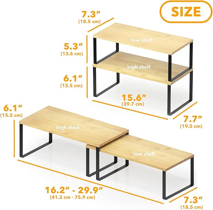 SpaceAid Cabinet Shelf Organizers 8 Pack, Kitchen Counter Rack Shelves Riser, Stackable Expandable Spice Rack, Pantry Cupboard Storage Organization (Black and Natural, Long)