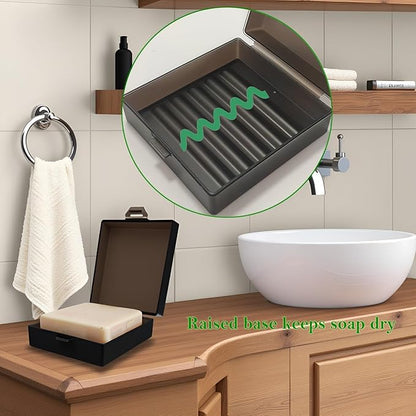 Soap Holder 2 Pack, Shower Bar Case Box Fit Dr Squatch, Waterproof Travel Container with Lid, Square Bathroom Soap Dish for Camping Gym Outdoor Traveling (Transparent Black/Black)