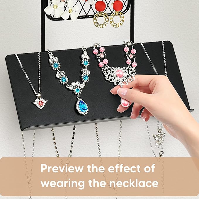 Hanging Jewelry Organizer, Wall Jewelry Organizer with Shelf for Women, Rustic Wooden Necklace Holder Wall Mounted, Earring Holder Organizer Display for Earrings Bracelets Necklaces