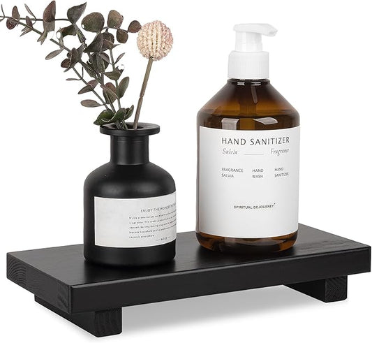 Bathroom Counter Organizer Wood Pedestal Stand Farmhouse Decorative Tray Soap Holder for Kitchen Decor, Large 10" x 4.5" - Black