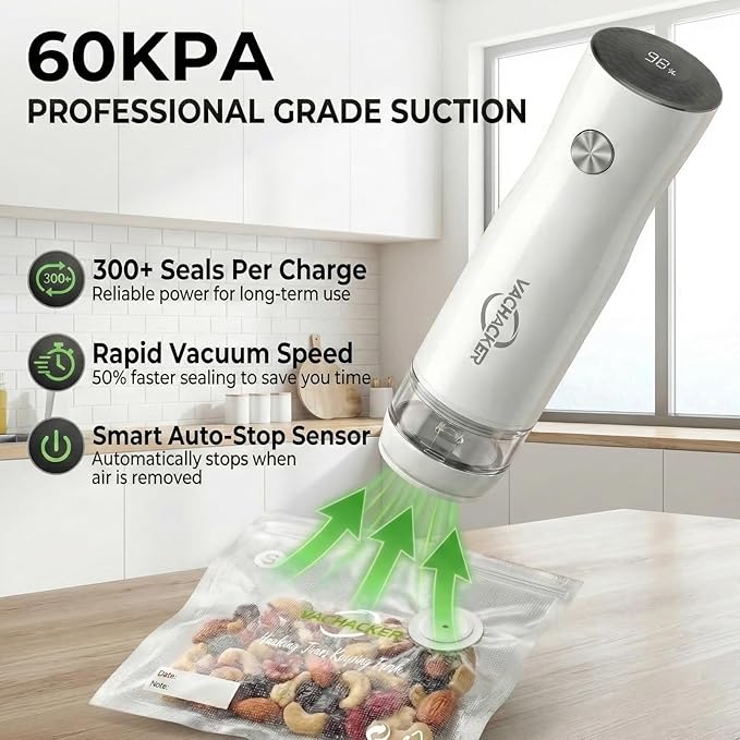 Handheld Vacuum Sealer Kit for Food Storage - Compact Vacuum Sealer Machine with 30 Reusable Bags，Portable Rechargeable Food Saver for Sous Vide, Meal Prep & Freezer Storage