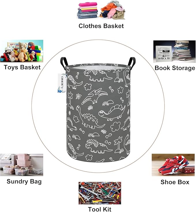 Round Cute Dinosaur Laundry Basket,Collapsible Laundry Hamper for Nursery,Toy Storage Bin for Kids Boys,Waterproof Storage Basket for Home,Bedroom, Playroom,New Parent Gift(Gray Line Dinosaur)