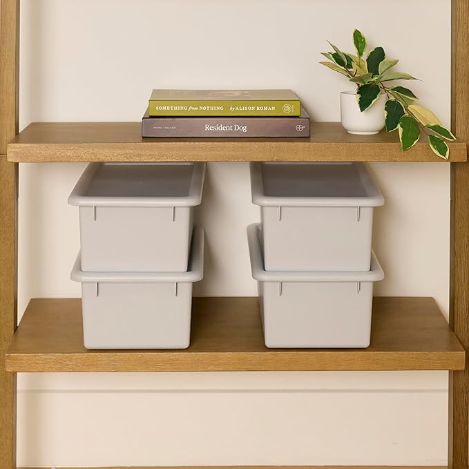 Cubby Storage Bins with Lids, 10-Pack Stackable Plastic Organizer Containers for Pantry, Office, Garage - Nestable with Handles, Light Grey