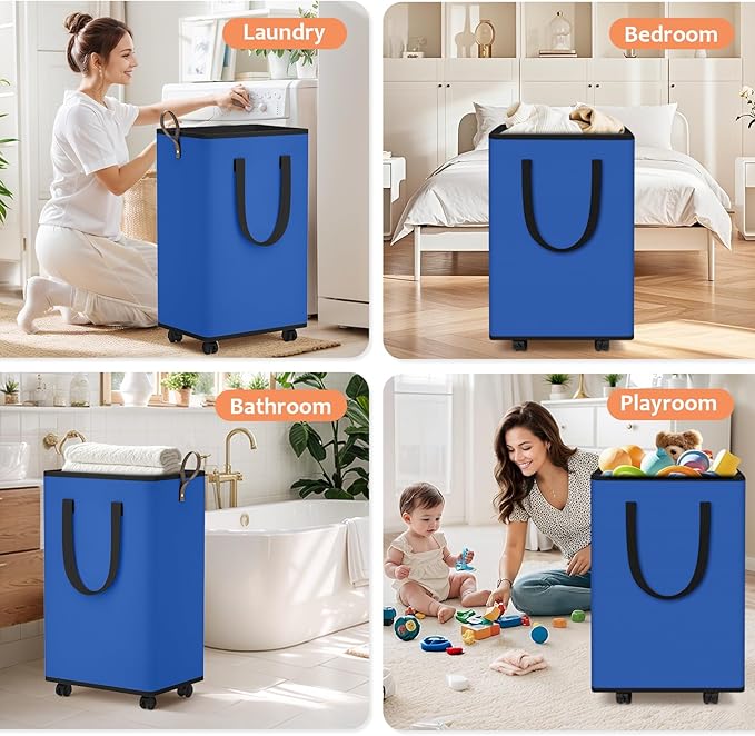 SpaceTrove Laundry Basket with Wheels, Collapsible Laundry Baskets, Laundry Hamper with Handles Detachable Wheels, Rolling Laundry Basket, Dirty Clothes Hamper for Bathroom, Dorm, Bedroom, Blue, 100L
