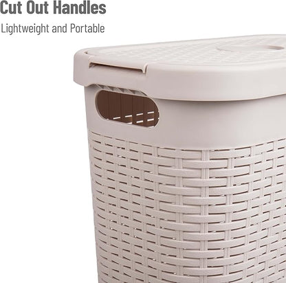 Mind Reader Slim Laundry Hamper with Lid, 40L Clothes Basket, Narrow Tapered Design with Ventilated Cutout Pattern, Plastic, Set of 2, Ivory