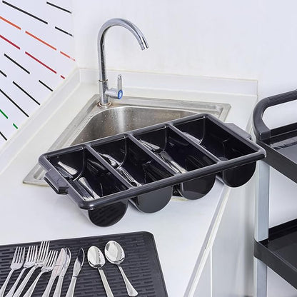 Restaurantware-21.9 x 14.2 x 3.5 Inch Silverware Organizer, 1 Crack-Resistant Cutlery Tray - 4 Compartments, Built-In Handles, Black Plastic Utensils Drawer Holder, For Kitchen Organization