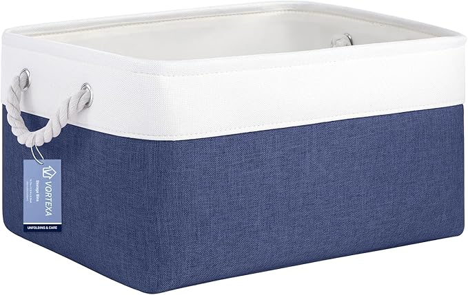 Large Storage Baskets- 15.7x11.8x8.26 inch Storage Bins for Shelves and Closet Organizing, Foldable Fabric Bin for Home Organization Clothes and Laundry (1-Pack, White&Blue)