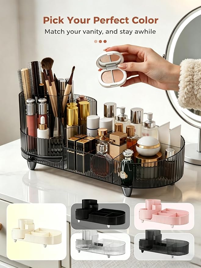 Booklov Rotating Makeup Organizer for Vanity, Large Capacity Cosmetic Display Case, Clear Acrylic Countertop Beauty Storage Holder for Skincare, Brush Eyeshadow Lipstick, Counter Desk, Crystal Black