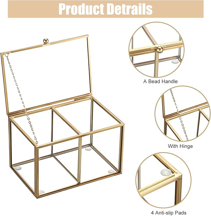 Hipiwe 2 Slots Glass Qtip Holder Gold Q-tip Storage Box with Lid Bathroom Accessories Container for Cotton Balls Cotton Swab Holder Rectangular Vanity Countertop Organizer