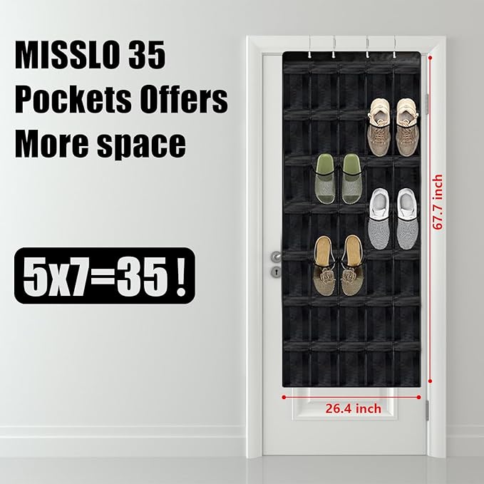 Over the Door Shoe Organizer 35 Pockets, Black Folding Hanging Shoe Rack for Door with Metal Hooks, No-Drill Install, Space-Saving Door Shoe Organizer for Closet, 67.7in x 26.4in