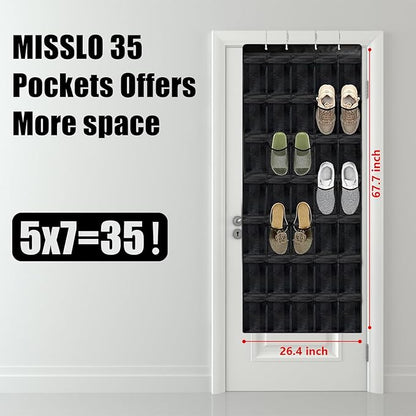Over the Door Shoe Organizer 35 Pockets, Black Folding Hanging Shoe Rack for Door with Metal Hooks, No-Drill Install, Space-Saving Door Shoe Organizer for Closet, 67.7in x 26.4in