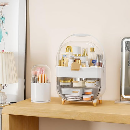 Yieach Makeup Skincare Organizer for Face Care Beauty Product,and Countertop Makeup Organizer with Cover,Make up Brush Holder,Large Capacity Cosmetic Storage Box & Caddy for Bathroom,Dresser,White