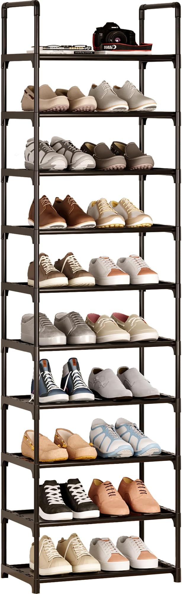 10-Tier Large Capacity Shoe Rack, Sturdy Narrow Shoe Stand for Entryway, Closet, Hallway, 20-25 Pairs Waterproof Dustproof Shoe Storage, Space Saving Tall Shoe Tower (Black)