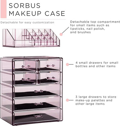 Sorbus Acrylic Makeup Organizer Set, 7-Drawer Vanity & Countertop Cosmetic Storage with Small & Wide Compartments, Purple Makeup Storage for Brushes, Jewelry – Holiday Gift for Women & Teens