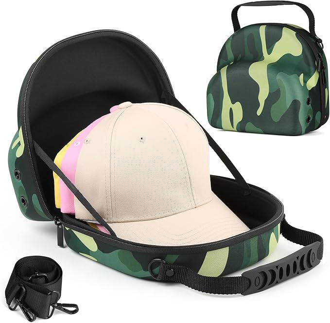 GERMUN Hard baseball hat case, Hat Carrier Travel Case with Adjustable Shoulder Strap, Hat cap case for 3 Baseball Caps - Perfect for Traveling & At-Home Storage (Camo Green)