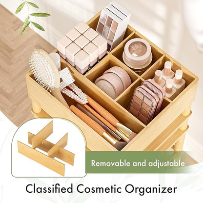 Amazer Bamboo Makeup Organizer Cart with 3 Drawers, Floor Skin Care Storage for Bathroom Bedroom, Rolling Vanity Organizer Cart for Cosmetic, Nail Polish, Perfume and Hair Tools