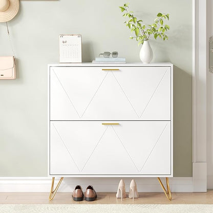 Shoe Cabinet with 2 Flip Drawers, Shoe Storage Cabinet Entryway Slim, White and Gold Narrow Shoe Cabinet w/Metal Legs, Hidden Freestanding Shoe Rack Organizer for Entryway, White