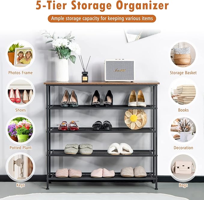 Tangkula 5-Tier Metal Shoe Rack, Freestanding Shoe Storage Organizer with Flat Mesh Shelf & Wooden Top for 16-20 Pairs, Industrial Shoe Storage Rack for Entryway, Hallway, Living Room, Rustic Brown