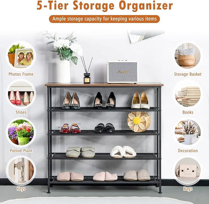 Tangkula 5-Tier Metal Shoe Rack, Freestanding Shoe Storage Organizer with Flat Mesh Shelf & Wooden Top for 16-20 Pairs, Industrial Shoe Storage Rack for Entryway, Hallway, Living Room, Rustic Brown