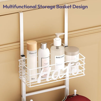 SWTYMIKI Over Door Hat Organizer - Wall Mounted Hat Rack with 6 Hooks and Metal Basket Design, Hanging Baseball Cap Organizer Storage Holds Up to 32 Caps for Door, Bedroom, Closet(White)