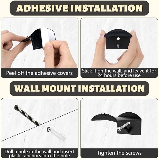 SelfTek 2.9 Inch Cowboy Hat Rack for Wall - 8 Pack Hat Hooks & Holder Hanger, Heavy Duty Adhesive Wall Mount, Western Room Decor for Baseball Cowboy, Sun Hats, Fedora, Wide Brim Hats (Black)