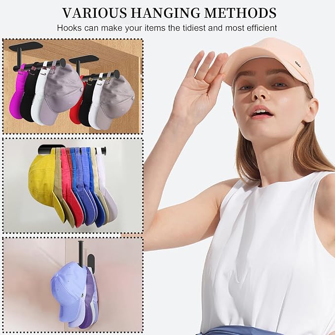 Eiito Hat Racks for Baseball Caps, Adhesive Hat Hooks for Wall, Stainless Steel Baseball Cap Hanger(Black)