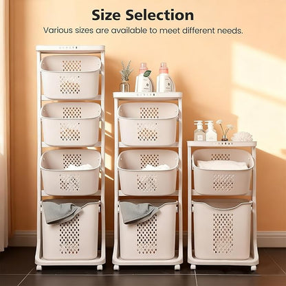 BAOKALER Rolling Laundry Hamper Cart with Wheels, 3 Tier White Laundry Baskets, Clothes Hamper with Portable Storage Baskets for Kitchens, Bathrooms, Bedrooms, Classrooms, Laundry Rooms(75L)