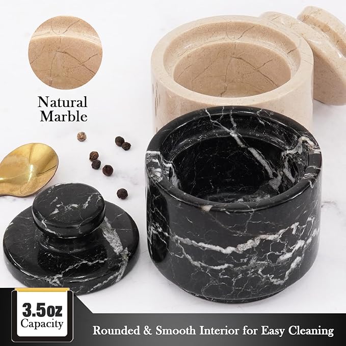 MARBLOUS KRAFTS Marble Salt Cellar 3" Black Zebra and Verona Flaky Salt Bowl & Pepper with Lid, Home Storage and Modern Sugar Containers