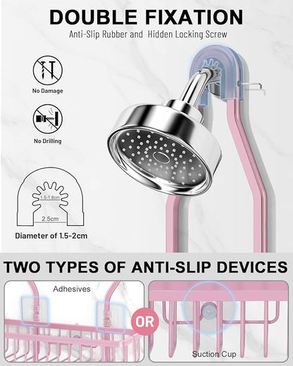 Pink Shower Caddy for Bathroom - Never Rust Hanging Shower Organizer with Soap Basket and Hooks - Large Capacity 3 Tier Aluminum Over The Showerhead Caddy