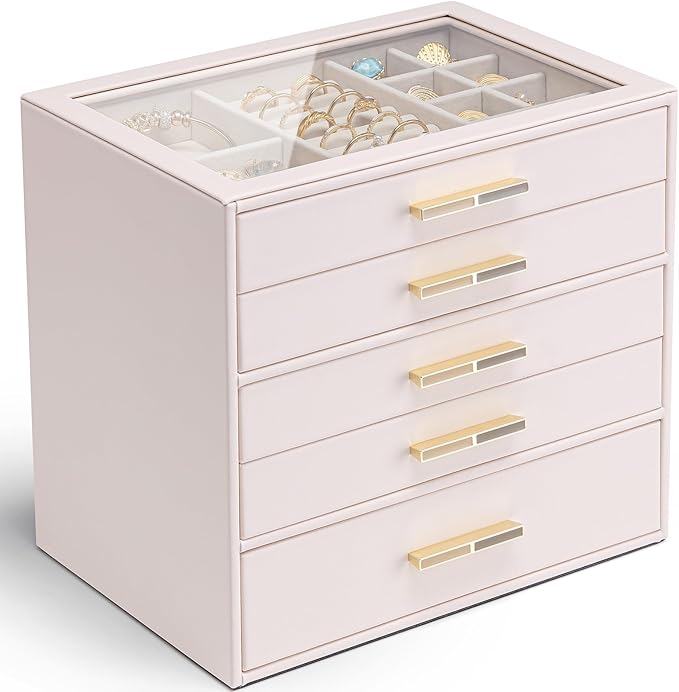 VLANDO 5 Layer Jewelry Box for Women, Glass Lid Jewelry Organizer with 5 Drawers for Necklaces Rings Earrings Bracelets - Light Pink