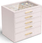 VLANDO 5 Layer Jewelry Box for Women, Glass Lid Jewelry Organizer with 5 Drawers for Necklaces Rings Earrings Bracelets - Light Pink