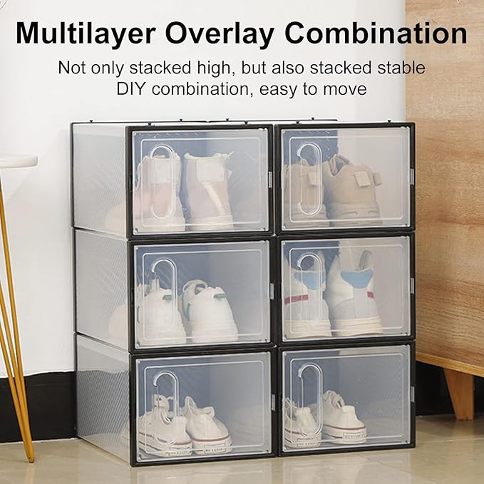 Transparent Visible Shoe Organizers Storage Boxes for Closet, Drop Front Shoe Box, Stackable Plastic Shoe Box for Display Sneakers,Easy Assembly Black