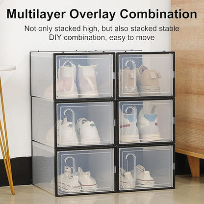 Transparent Visible Shoe Organizers Storage Boxes for Closet, Drop Front Shoe Box, Stackable Plastic Shoe Box for Display Sneakers,Easy Assembly Black