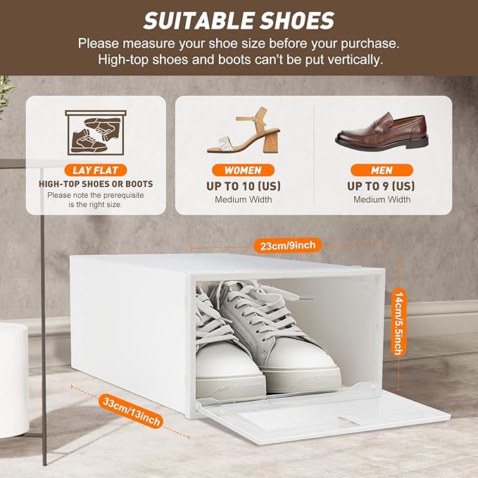 20 Pack Clear Shoe Boxes, Plastic Transparent Shoe Container Clamshell Shoe Storage Box, Stackable Drawer Shoe Cabinet Case Home Shoe Organizer, Front Opening, White