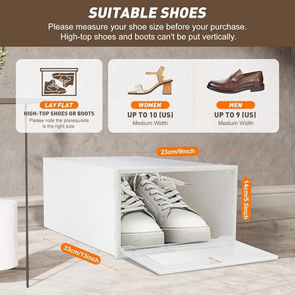 20 Pack Clear Shoe Boxes, Plastic Transparent Shoe Container Clamshell Shoe Storage Box, Stackable Drawer Shoe Cabinet Case Home Shoe Organizer, Front Opening, White