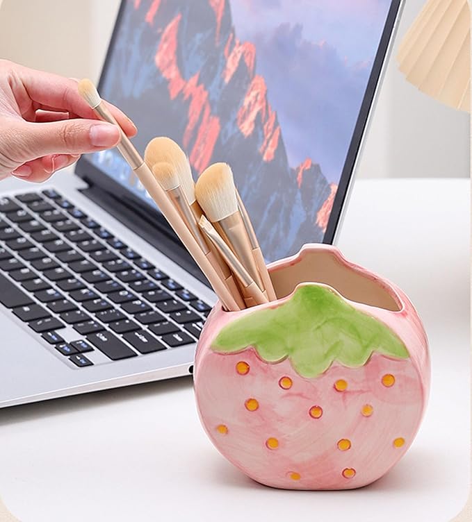 1 PC Ceramic Strawberry Makeup Holder Makeup Organizer Pen Holder Desktop Organizer (Pink)