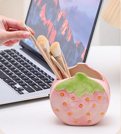 1 PC Ceramic Strawberry Makeup Holder Makeup Organizer Pen Holder Desktop Organizer (Pink)