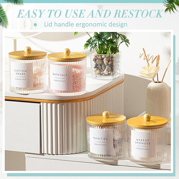 Yaomiao 6 Pcs Ribbed Bathroom Canisters Apothecary Jars with Golden Bamboo Lids and Label Stickers, 18 oz Plastic Canister with Fluted Design for Cotton Ball, Swab, Floss Picks House Storage