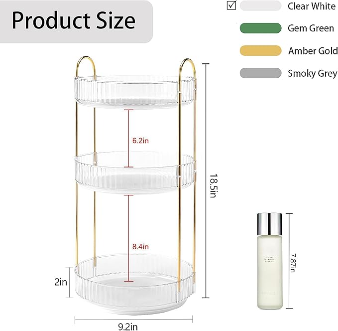 YCIA&DONE 360 Rotating Makeup Organizer and Storage for Vanity Countertop 3 Tiers, High Capacity Cosmetic Skincare Perfume Organizers for Dresser Bathroom Lazy Susan (Clear White)