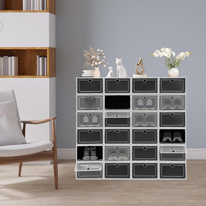 24 Pack Stackable Shoe Boxes with Clear Flip Lids - Foldable Shoe Storage Organizer for Closet Cabinet, Avocado Green/Black Options for Sneakers Flats Home Organization (Black)