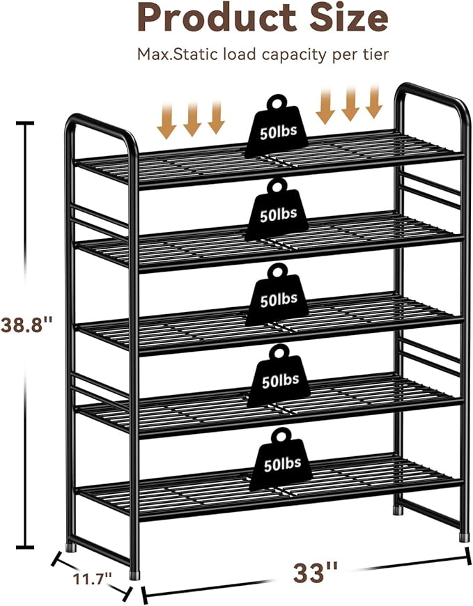 Standard Shoe Rack 5-Tier 32.5 Inches Wide, Free Standing Shoe Organizer for Indoor Outdoor | Adjustable Heavy-Duty Metal Shelf Ideal for Home Entryway Closet & Garage Balcony | Black