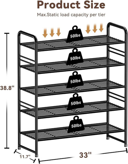 Standard Shoe Rack 5-Tier 32.5 Inches Wide, Free Standing Shoe Organizer for Indoor Outdoor | Adjustable Heavy-Duty Metal Shelf Ideal for Home Entryway Closet & Garage Balcony | Black
