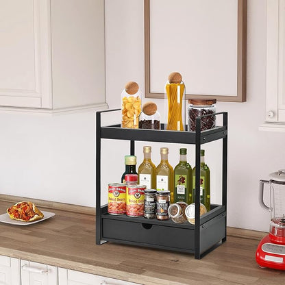 Ukonvi 2-Tier Bathroom Organizer Countertop with Drawer, Wood Counter Shelf for Storage, Vanity Tray for Organization and Decor, Countertop Organizer for Bathroom, Kitchen, Office (Black)