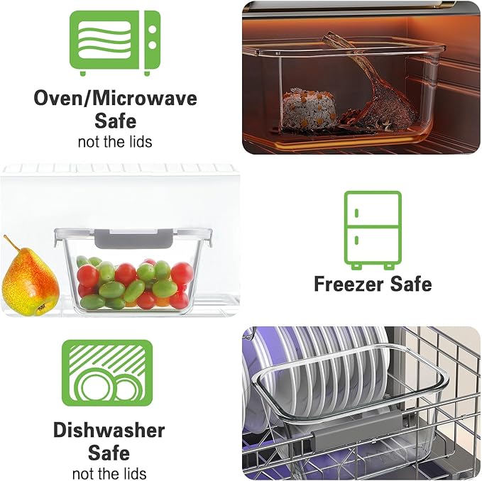 HOMBERKING 4 Pieces 63oz/8cup Large Glass Food Storage Containers with Lids, Meal Prep Containers, Airtight Bento Boxes with Leak Proof Locking (2 Containers 2 Lids), Microwave,Oven,Fridge Safe-Grey