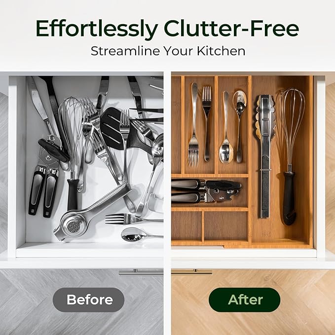 keechee Carbonized Large Bamboo Kitchen Drawer Organizer, 12 Slots Expandable Silverware Organizer, Utensil Holder & Cutlery Tray, 2.5" Deep for Extra Capacity, Non-Slip Feet Included